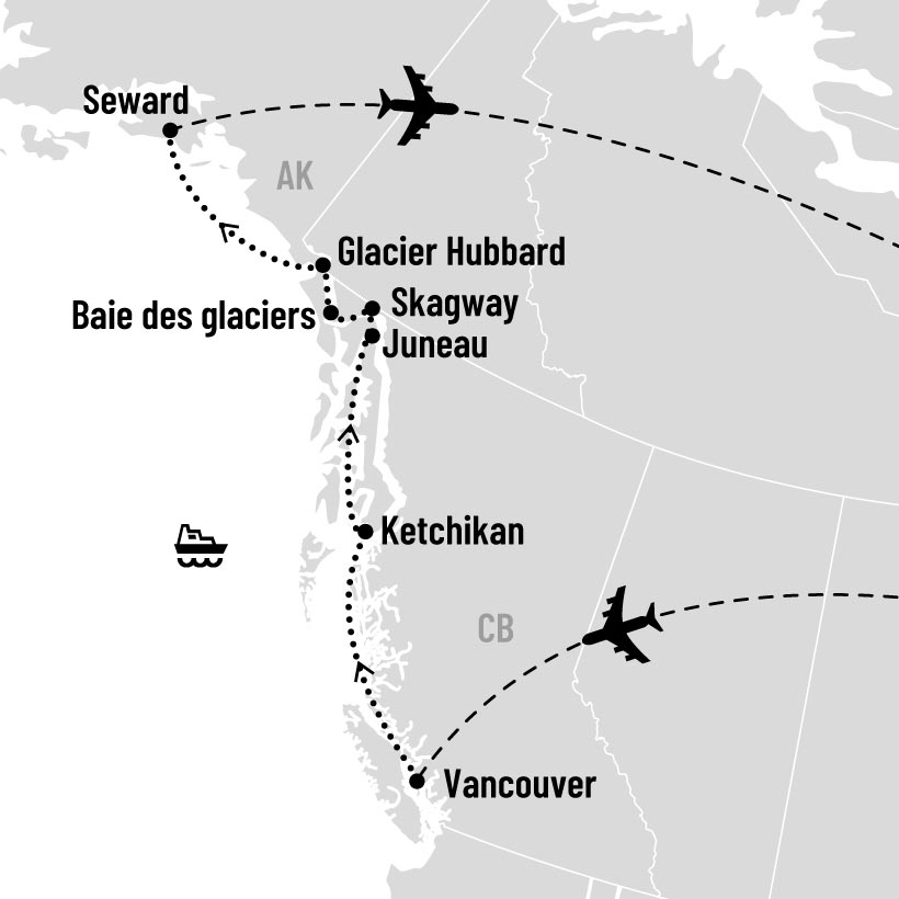Croisière en Alaska de Vancouver à Seward map