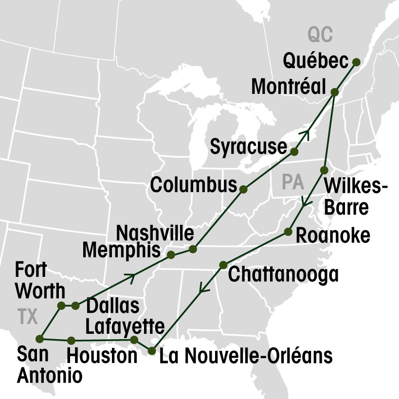 Louisiane, Texas et Tennessee map