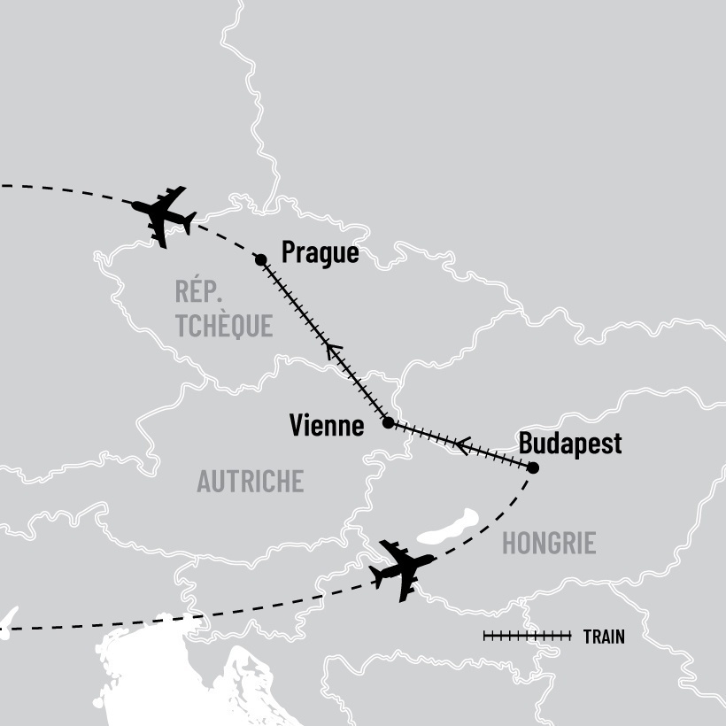 Budapest, Vienne et Prague en train map