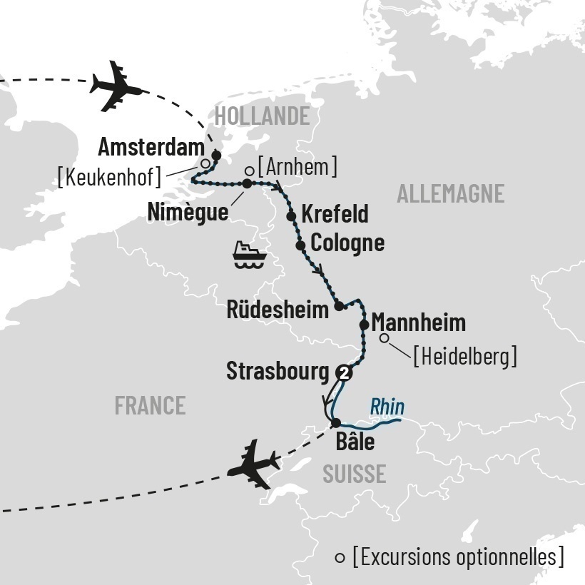 Croisière sur le Rhin de la Hollande à l'Allemagne map