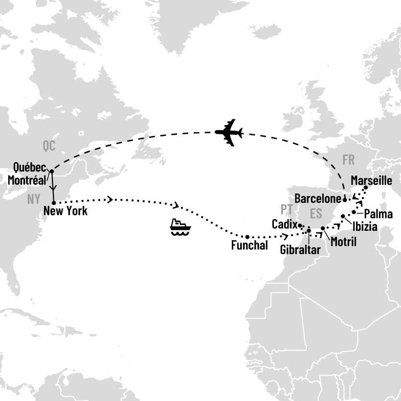 Croisière Transatlantique de New York à Barcelone map