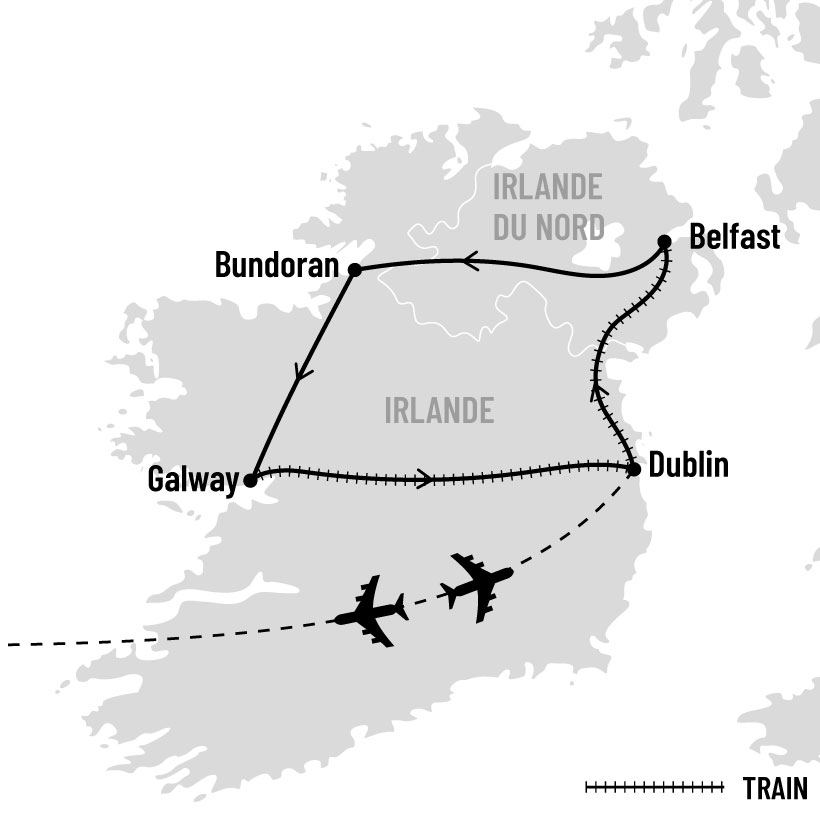 Dublin, Belfast et Galway en train map