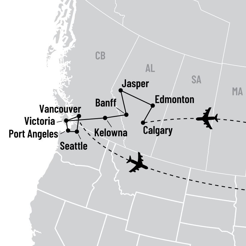 Escapade dans l’Ouest canadien incluant Seattle map