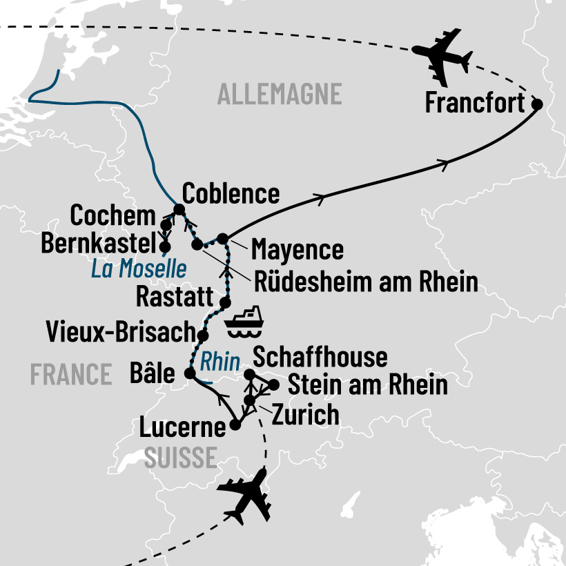Escapade en Suisse et croisière sur le Rhin romantique map