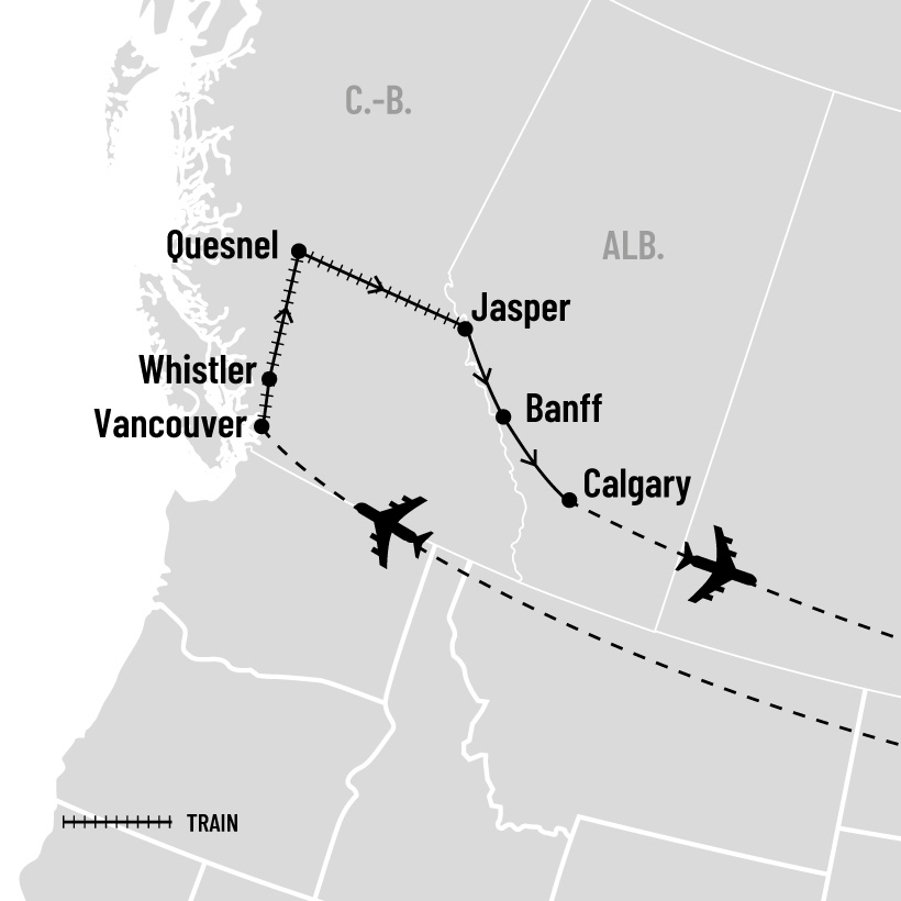 L'Ouest canadien et le majestueux train du Rocky Mountaineer ® map