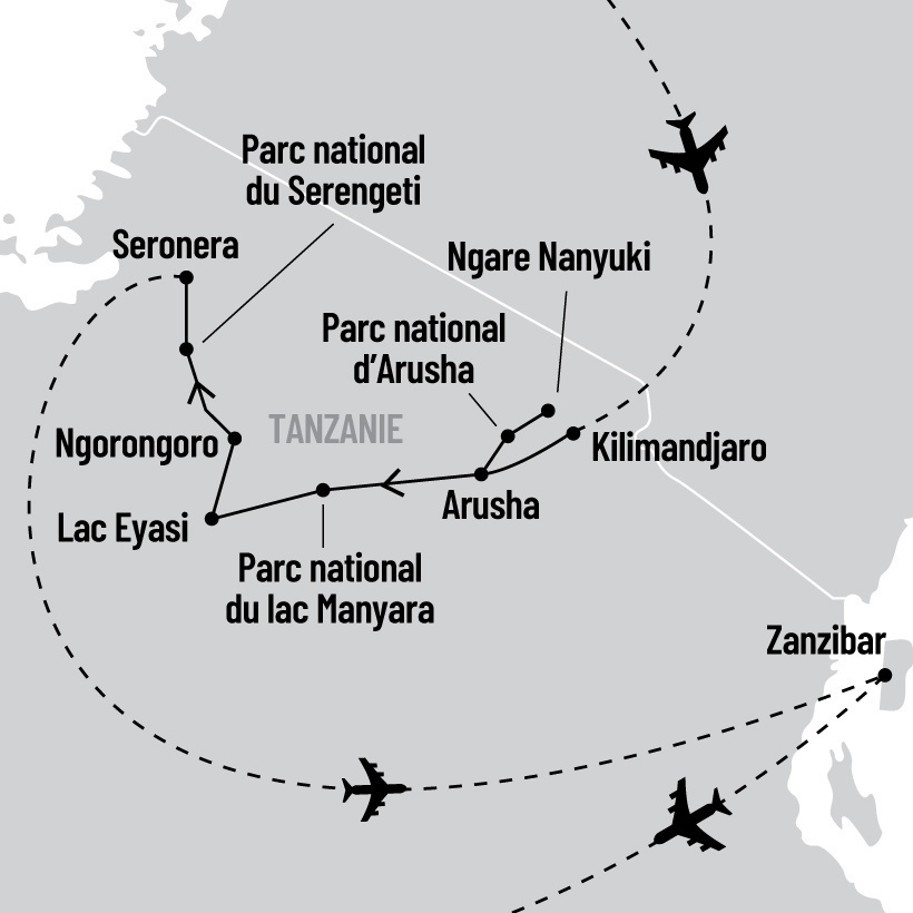 Safaris en Tanzanie et détente sur l'île de Zanzibar map
