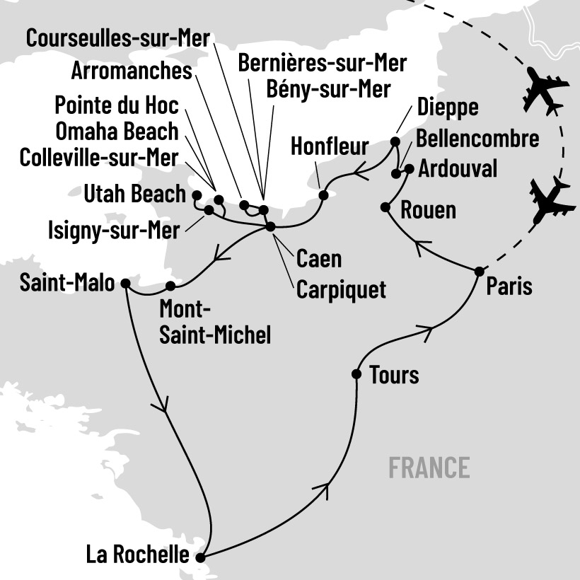 Sur les traces des héros canadiens en Normandie, Saint-Malo, la Rochelle et Paris map