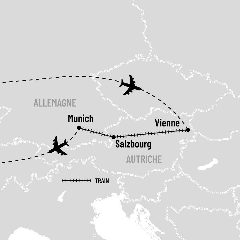 Vienne, Salzbourg et Munich en train map