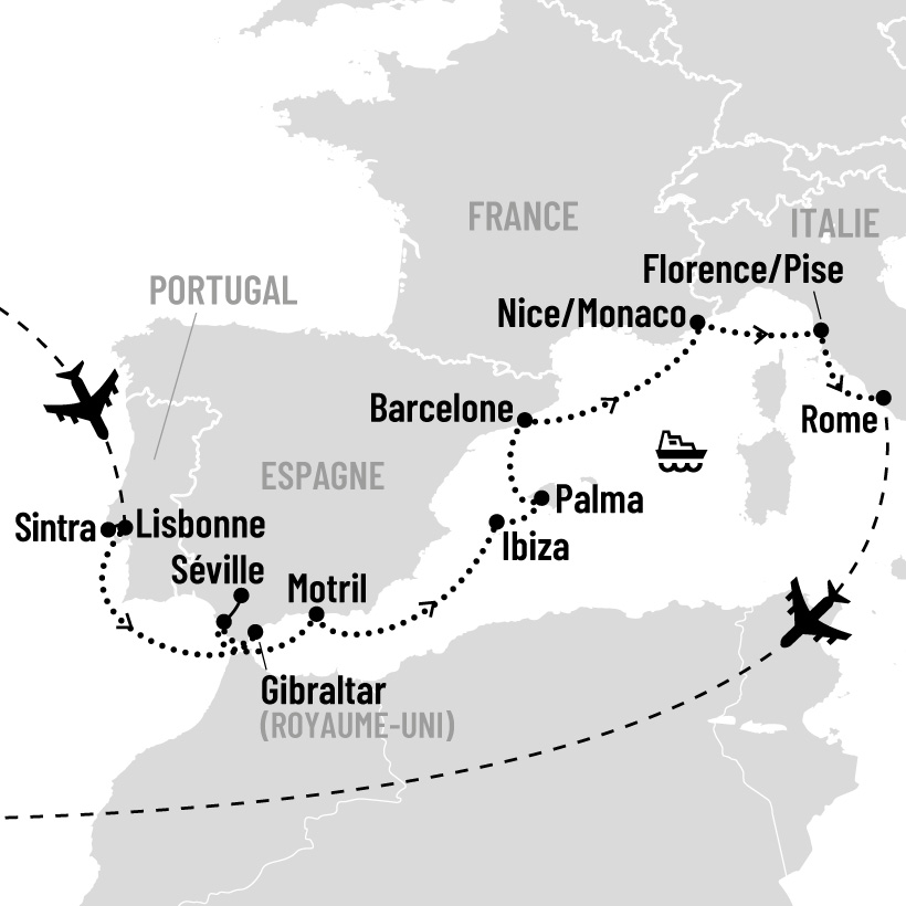 Espagne, France et Italie en croisière map