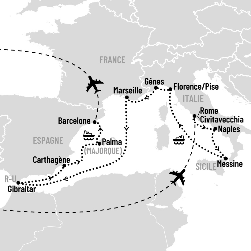 Italie, France et Espagne en croisière map