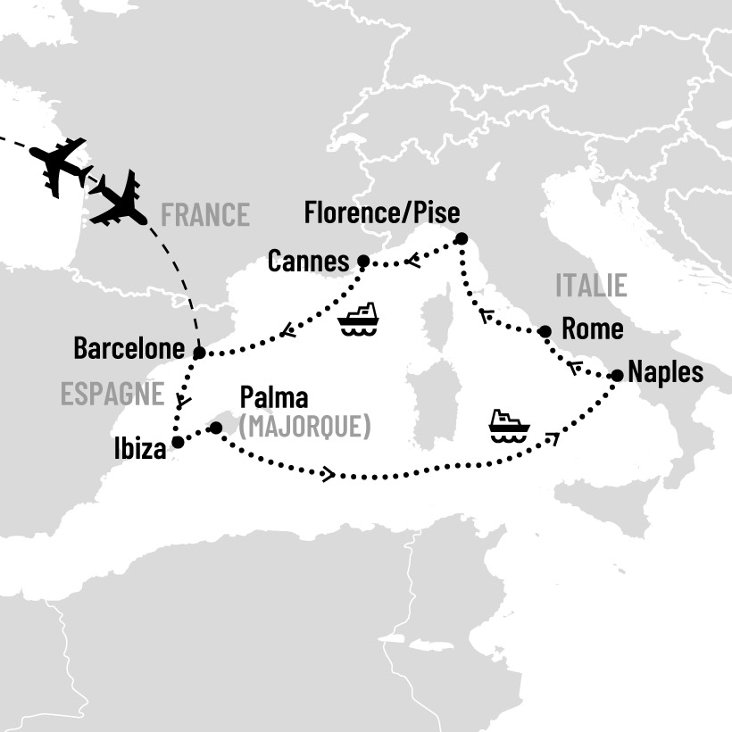 Italie, France et Espagne en croisière map