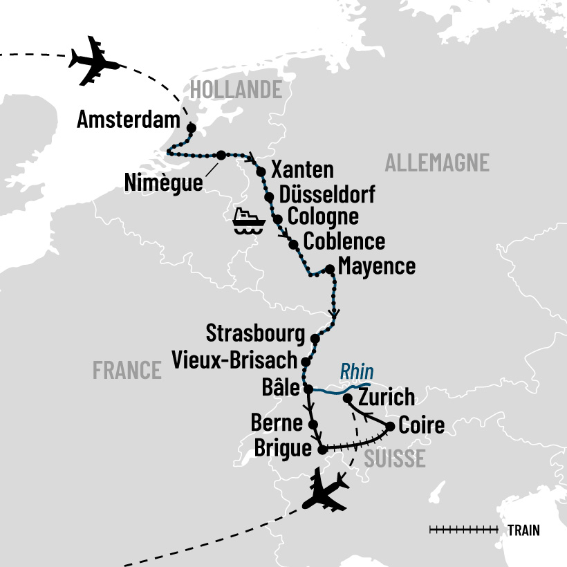 Croisière sur le Rhin romantique et train panoramique dans les Alpes suisses map