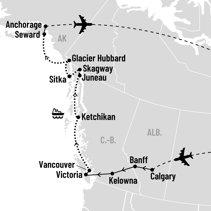 Croisière en Alaska et circuit dans l'Ouest canadien map