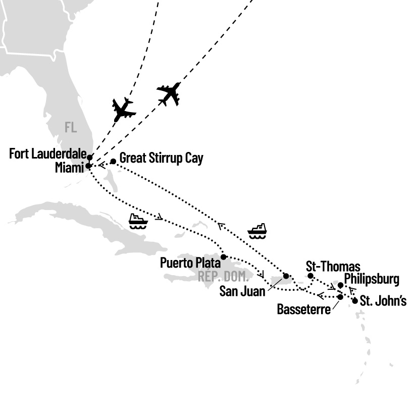 Croisière dans les Caraïbes de l'Est au départ de Miami map