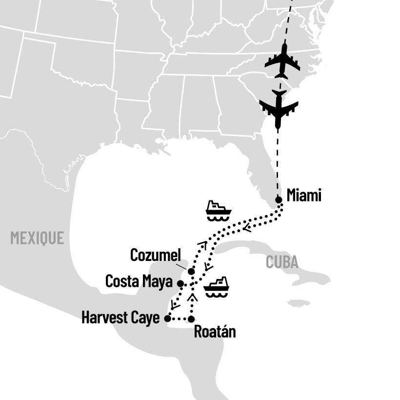 Croisière dans les Caraïbes de l'Ouest au départ de Miami map