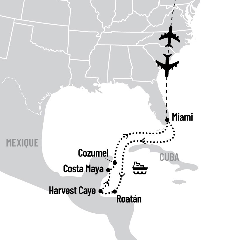 Croisière dans les Caraïbes de l'Ouest au départ de Miami map