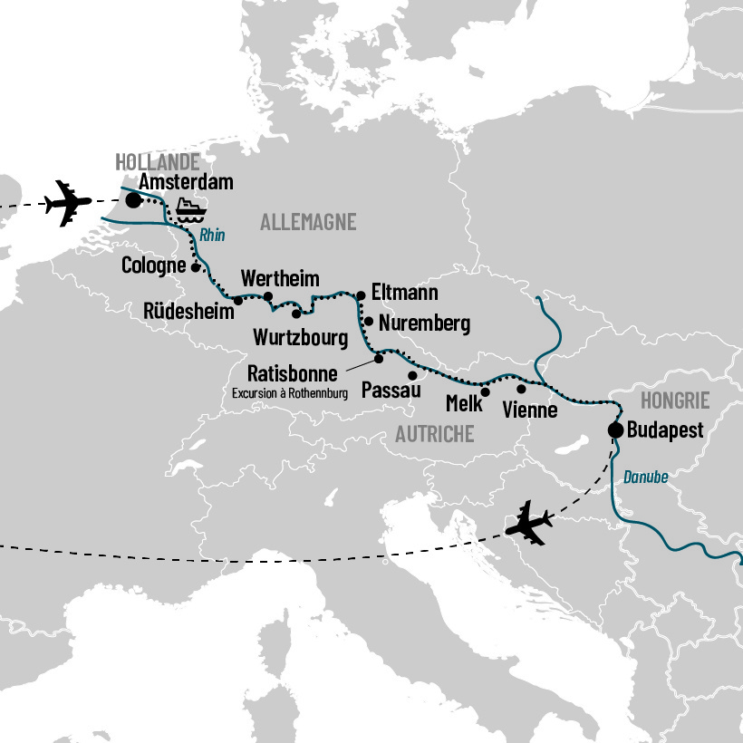 Croisière de luxe sur le Rhin, Main et Danube map