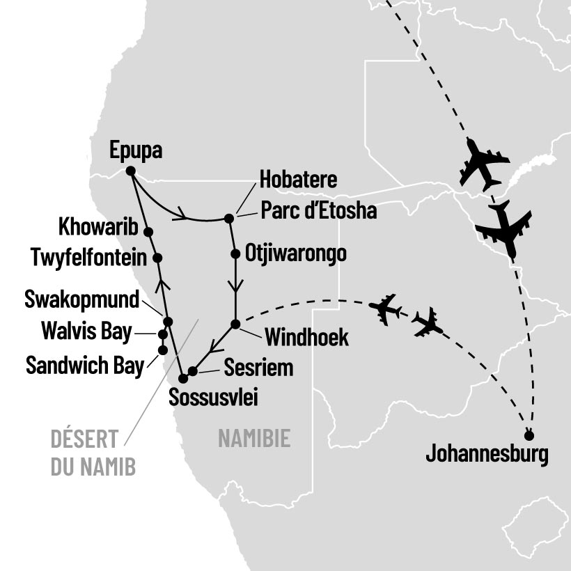 Safaris, dunes et ethnies en Namibie map