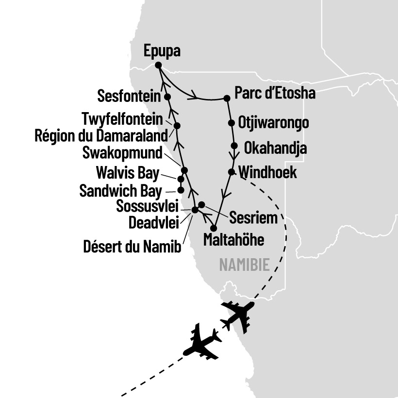 Safaris, dunes et ethnies en Namibie map