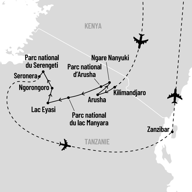 Safaris en Tanzanie et détente sur l'île de Zanzibar map